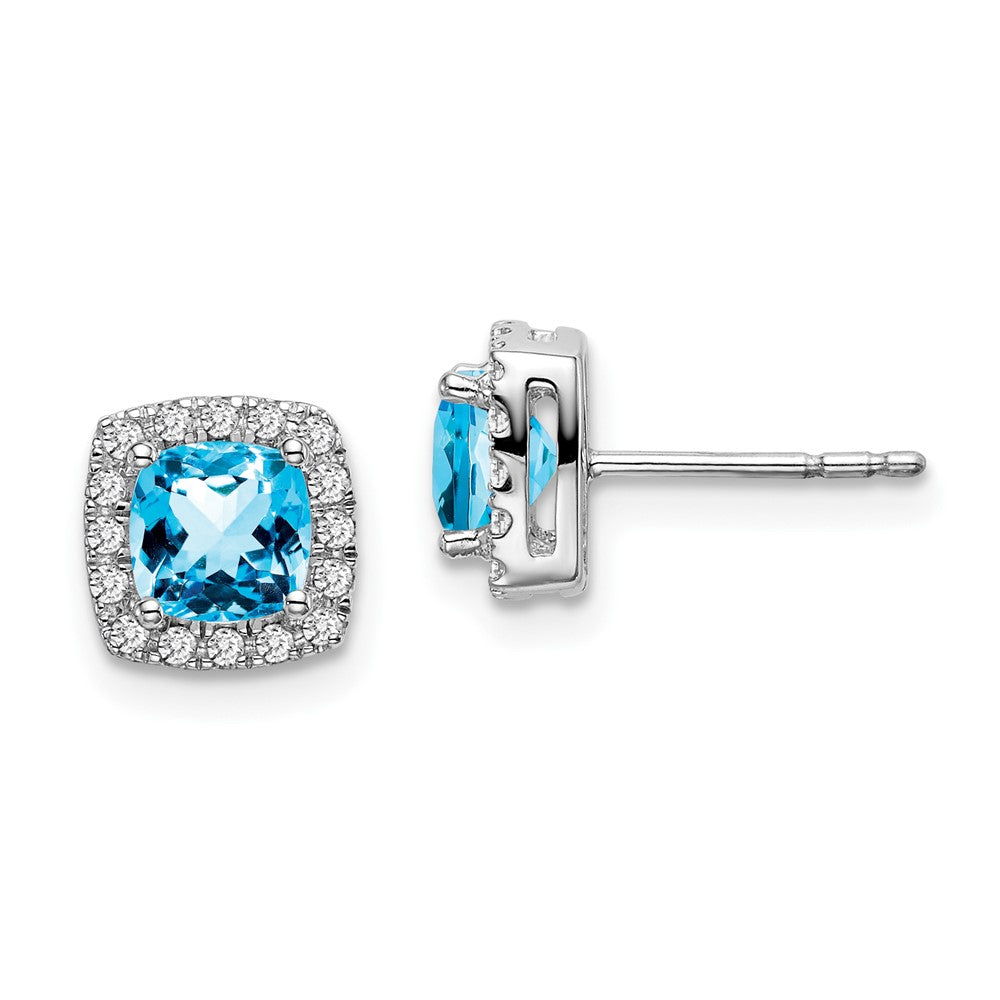 Solid 14k White Gold Cushion Simulated Blue Topaz and CZ Halo Earrings