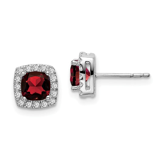 14k White Gold Cushion Garnet and Real Diamond Halo Earrings