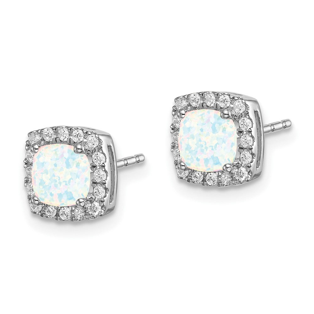 14k White Gold Cushion Created Opal and Real Diamond Halo Earrings EM7084-OP-019-WA