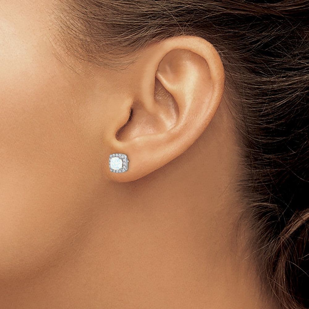 14k White Gold Cushion Created Opal and Real Diamond Halo Earrings