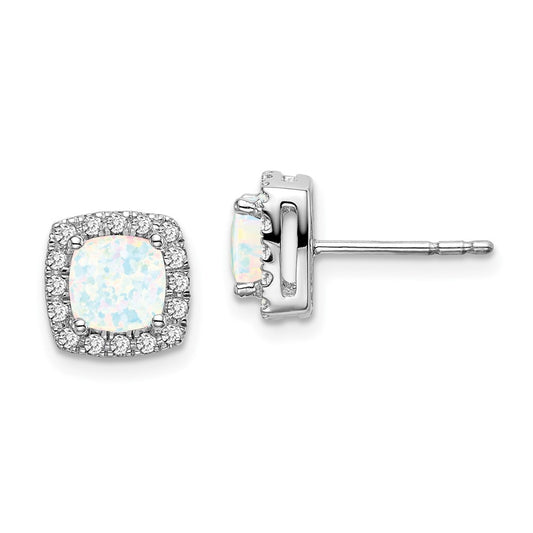 14k White Gold Cushion Created Opal and Real Diamond Halo Earrings