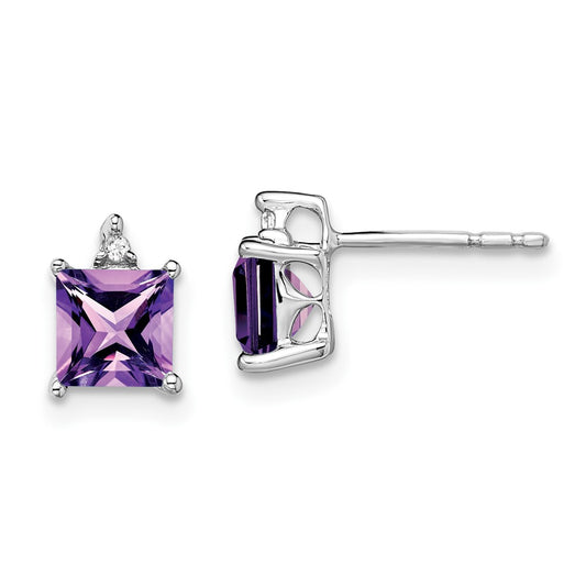 14k White Gold Princess Amethyst and Real Diamond Earrings