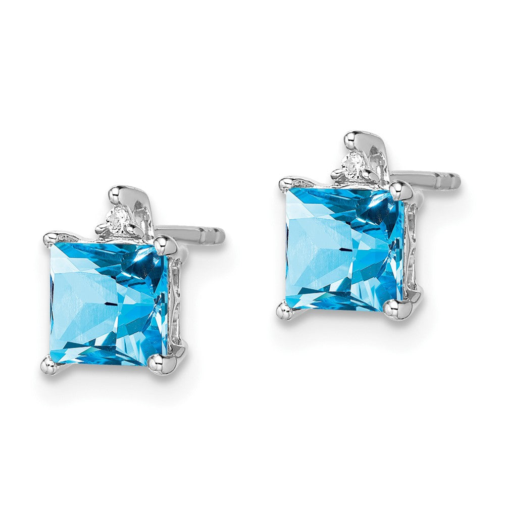 Solid 14k White Gold Princess Simulated Blue Topaz and CZ Earrings