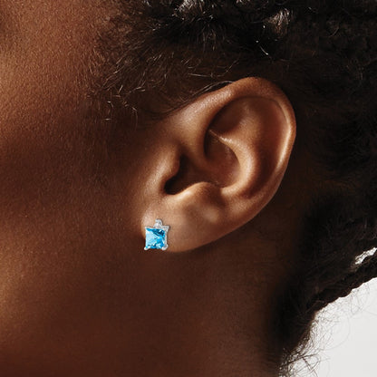 14k White Gold Princess Blue Topaz and Real Diamond Earrings