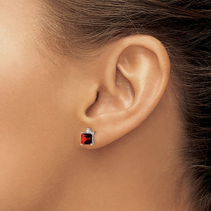 Solid 14k White Gold Princess Simulated Garnet and CZ Earrings