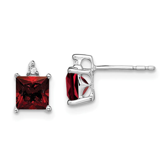 Solid 14k White Gold Princess Simulated Garnet and CZ Earrings