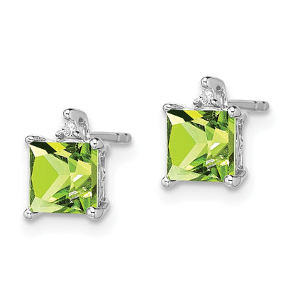 14k White Gold Princess Peridot and Real Diamond Earrings