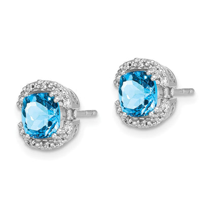 14k White Gold Cushion Blue Topaz and Real Diamond Halo Earrings