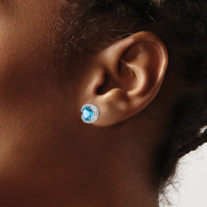 14k White Gold Cushion Blue Topaz and Real Diamond Halo Earrings