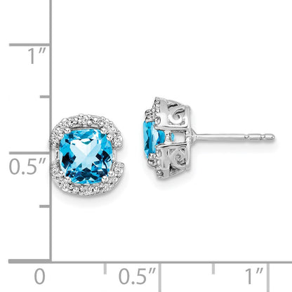 14k White Gold Cushion Blue Topaz and Real Diamond Halo Earrings