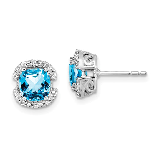 Solid 14k White Gold Cushion Simulated Blue Topaz and CZ Halo Earrings