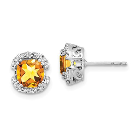 14k White Gold Cushion Citrine and Real Diamond Halo Earrings
