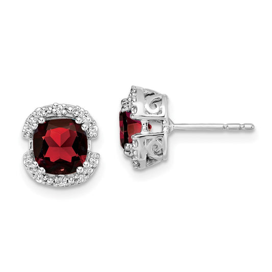 14k White Gold Cushion Garnet and Real Diamond Halo Earrings