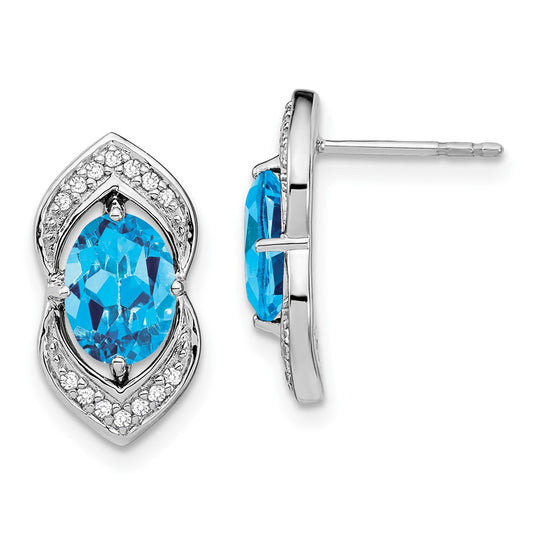 Solid 14k White Gold Simulated Blue Topaz and CZ Post Earrings