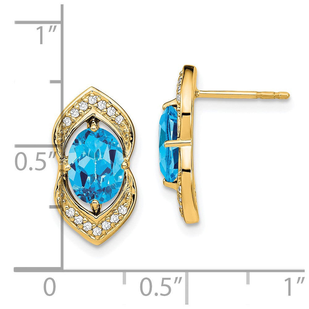 Solid 14k Yellow Gold Simulated Blue Topaz and CZ Post Earrings