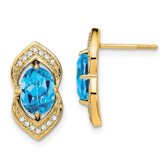 Solid 14k Yellow Gold Simulated Blue Topaz and CZ Post Earrings