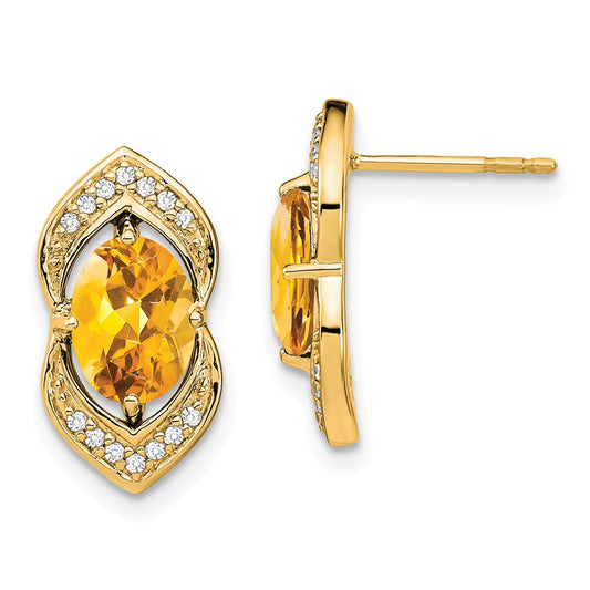 14k Yellow Gold Citrine and Real Diamond Post Earrings