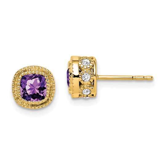 14k Yellow Gold Cushion Amethyst and Real Diamond Earrings