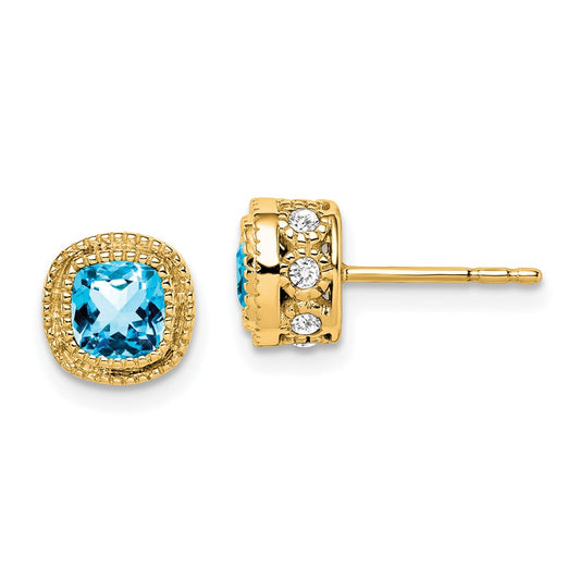 Solid 14k Yellow Gold Cushion Simulated Blue Topaz and CZ Earrings