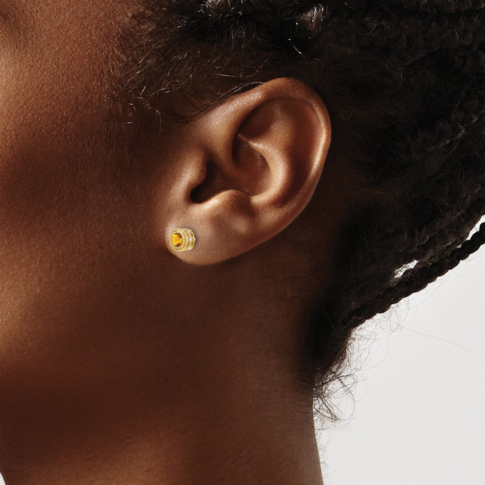 14k Yellow Gold Cushion Citrine and Real Diamond Earrings