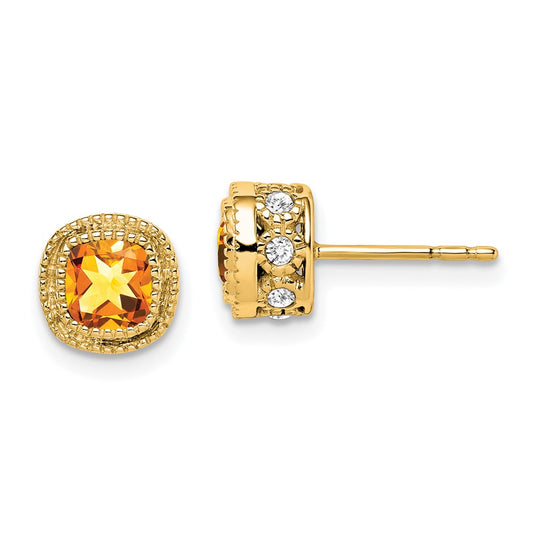 14k Yellow Gold Cushion Citrine and Real Diamond Earrings