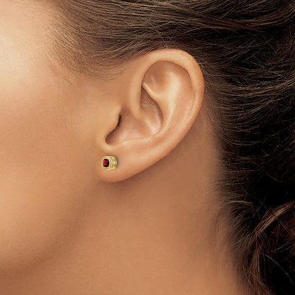 Solid 14k Yellow Gold Cushion Simulated Garnet and CZ Earrings