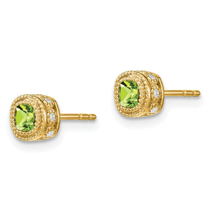 Solid 14k Yellow Gold Cushion Simulated Peridot and CZ Earrings