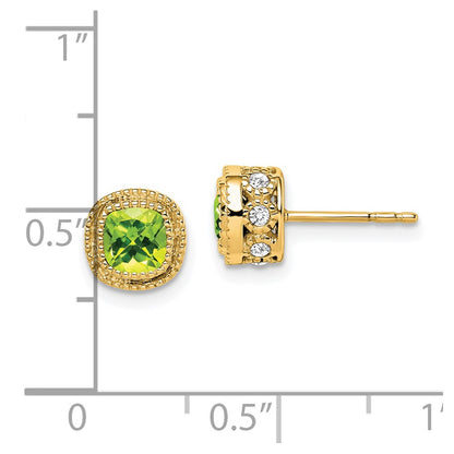 Solid 14k Yellow Gold Cushion Simulated Peridot and CZ Earrings