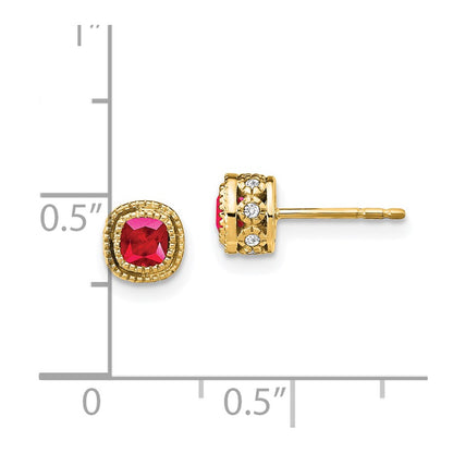 14k Yellow Gold Cushion Ruby and Real Diamond Earrings