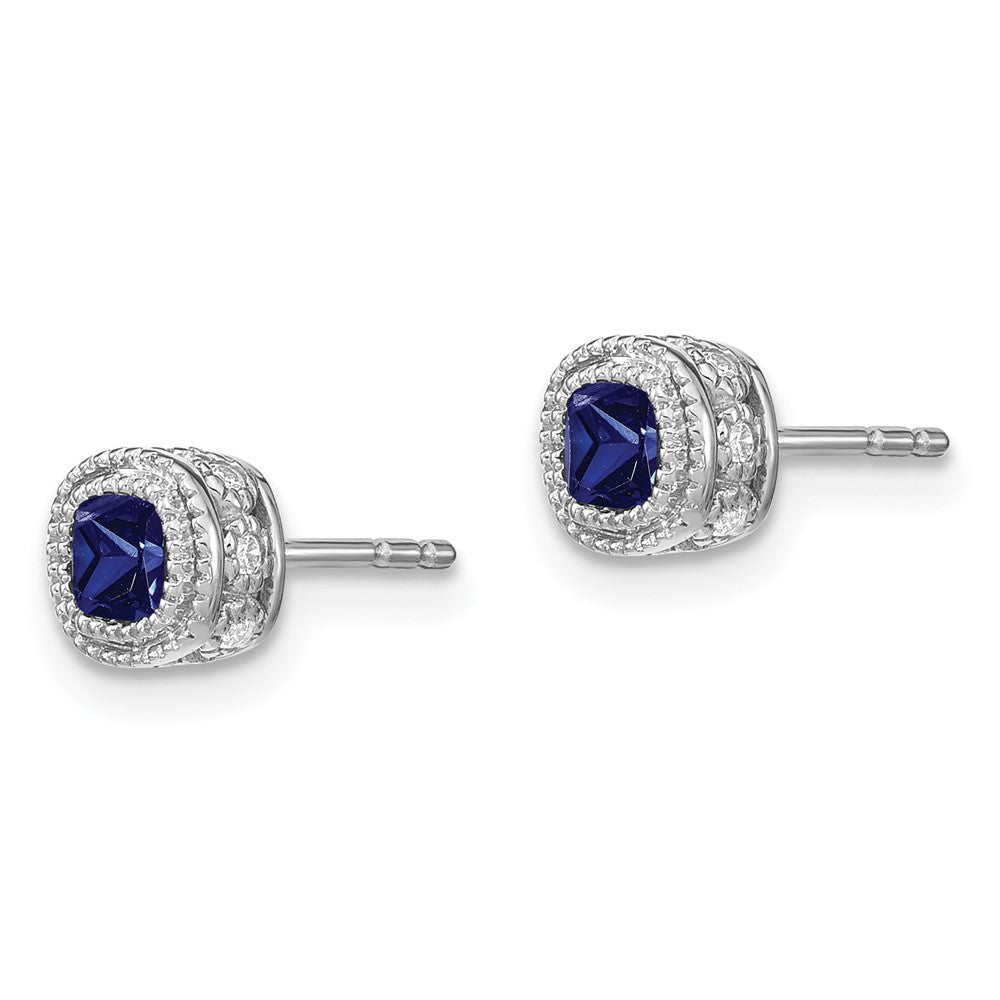 Solid 14k White Gold Cushion Simulated Sapphire and CZ Earrings