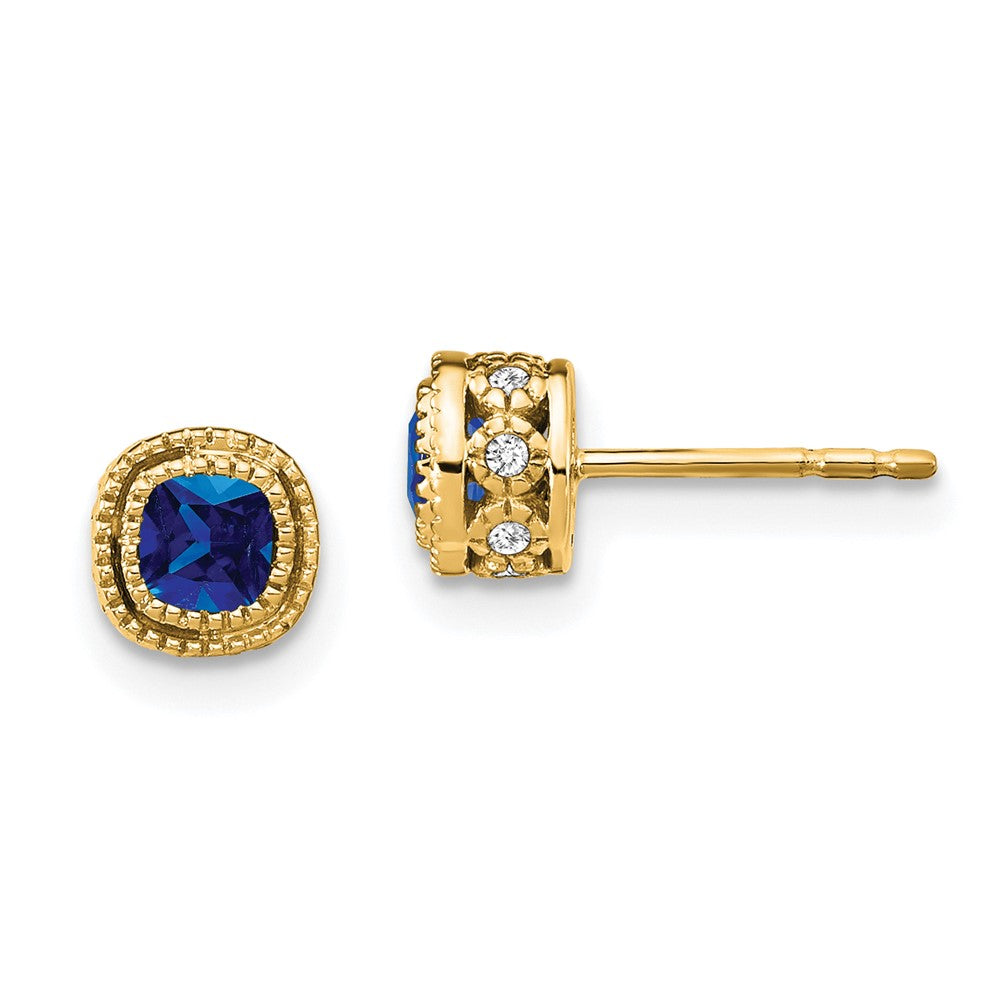 Solid 14k Yellow Gold Cushion Simulated Sapphire and CZ Earrings