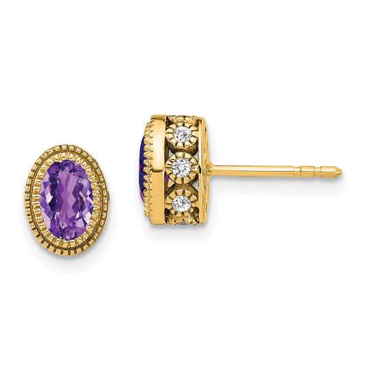 14k Yellow Gold Oval Amethyst and Real Diamond Earrings