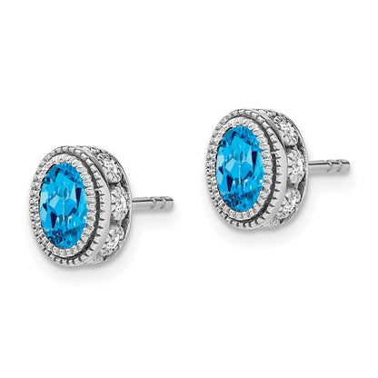 14k White Gold Oval Blue Topaz and Real Diamond Earrings
