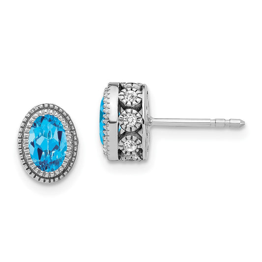 Solid 14k White Gold Oval Simulated Blue Topaz and CZ Earrings