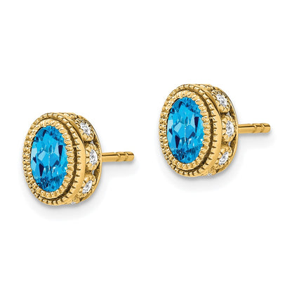 14k Yellow Gold Oval Blue Topaz and Real Diamond Earrings