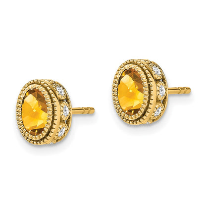 14k Yellow Gold Oval Citrine and Real Diamond Earrings