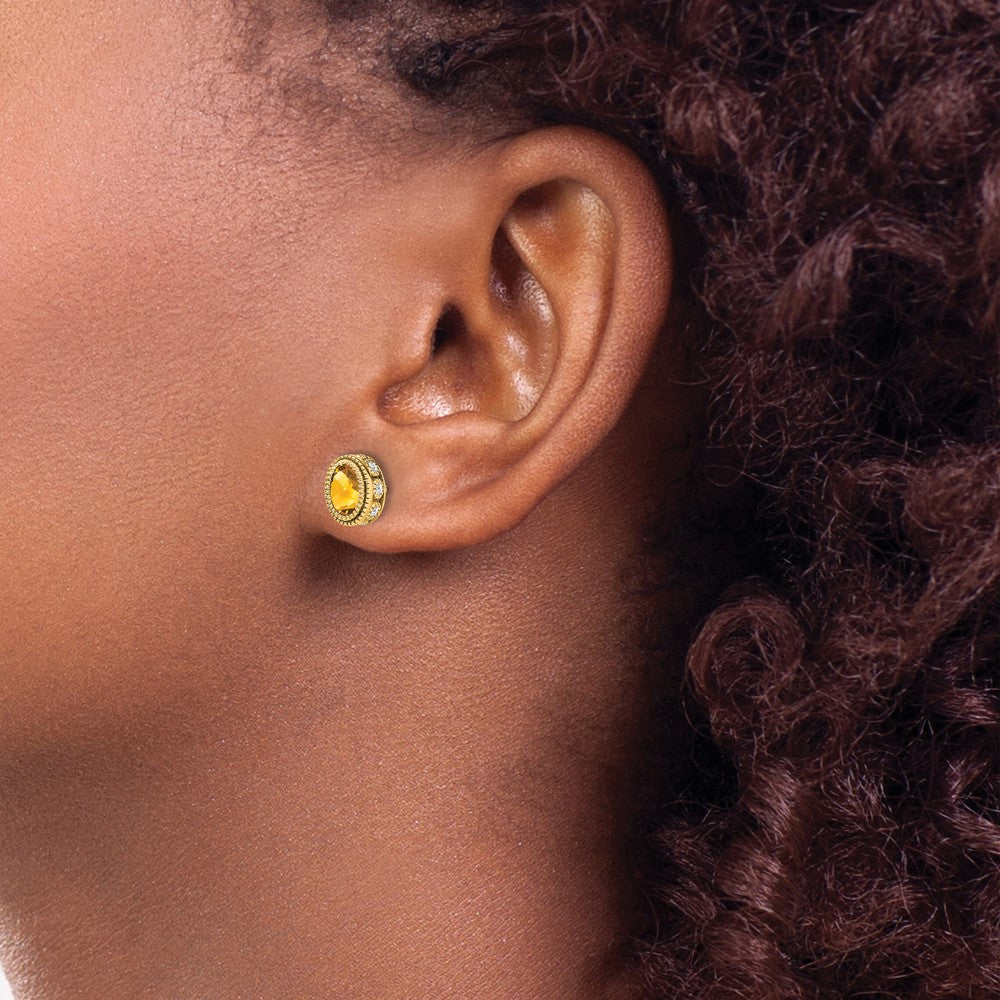 14k Yellow Gold Oval Citrine and Real Diamond Earrings