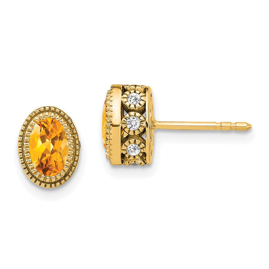 14k Yellow Gold Oval Citrine and Real Diamond Earrings
