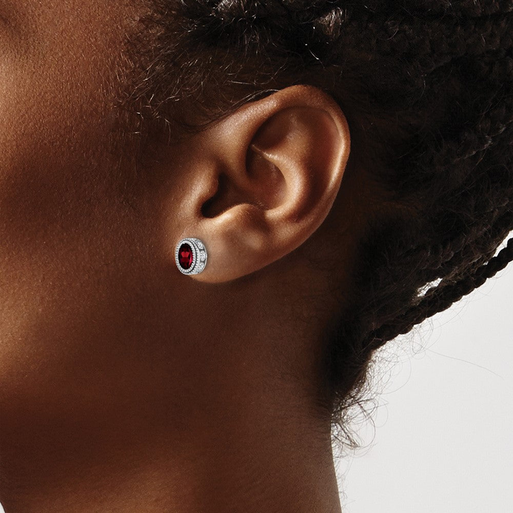 Solid 14k White Gold Oval Simulated Garnet and CZ Earrings