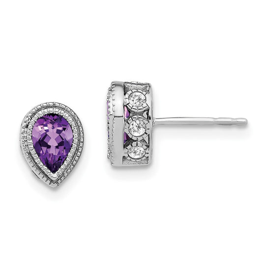 14k White Gold Pear Amethyst and Real Diamond Earrings