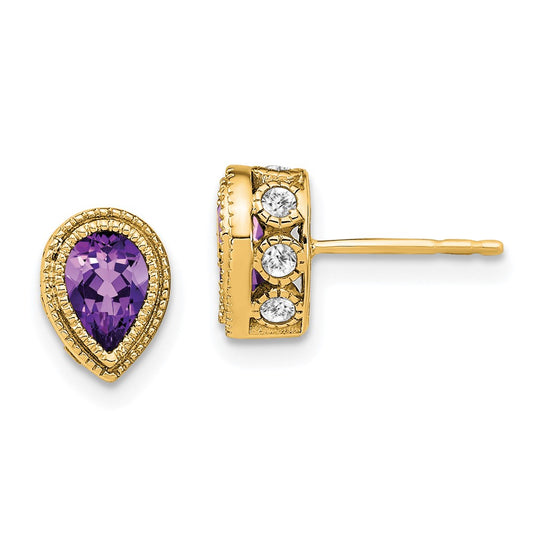 14k Yellow Gold Pear Amethyst and Real Diamond Earrings