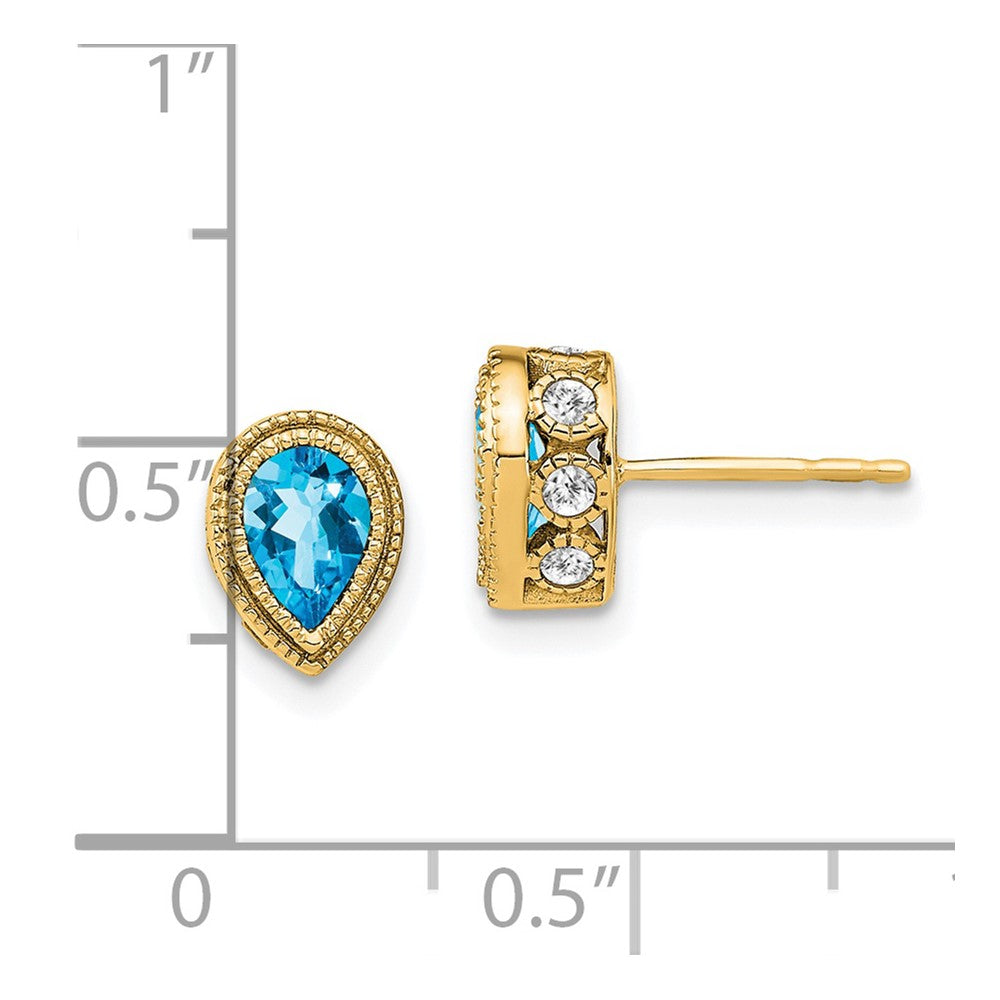 Solid 14k Yellow Gold Pear Simulated Blue Topaz and CZ Earrings