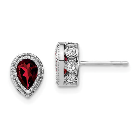 14k White Gold Pear Garnet and Real Diamond Earrings