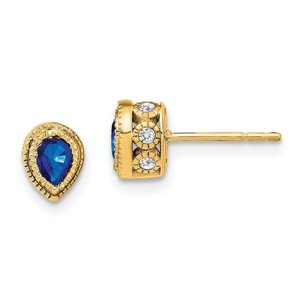 Solid 14k Yellow Gold Simulated Sapphire and CZ Earrings
