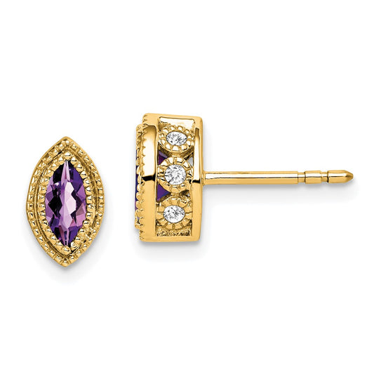 14k Yellow Gold Marquise Amethyst and Real Diamond Earrings