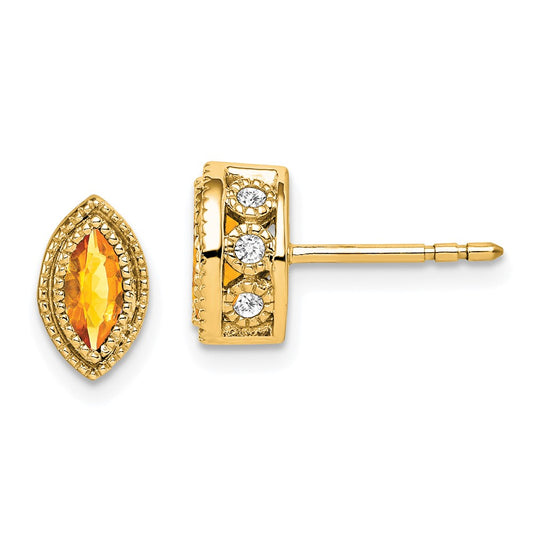 14k Yellow Gold Marquise Citrine and Real Diamond Earrings