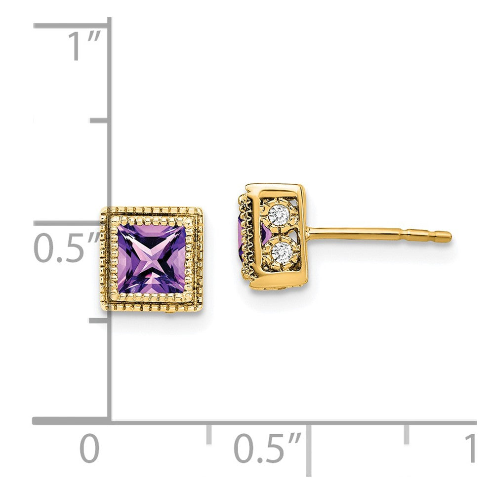 14k Yellow Gold Square Amethyst and Real Diamond Earrings