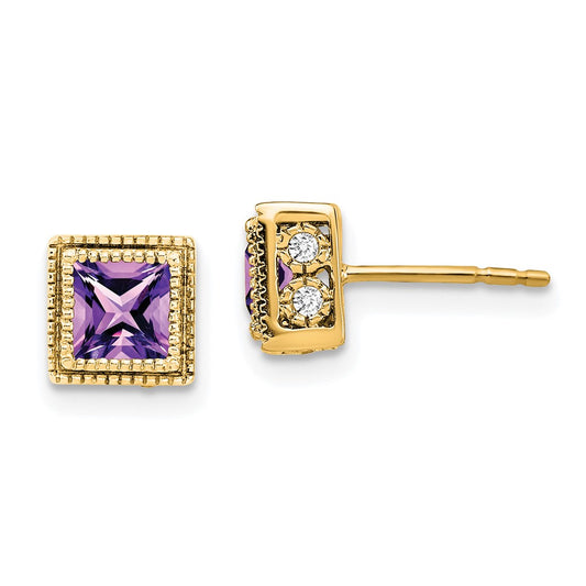 14k Yellow Gold Square Amethyst and Real Diamond Earrings