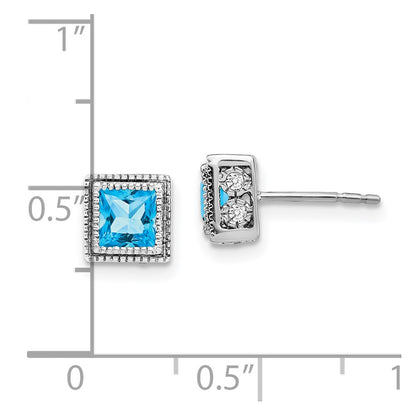 14k White Gold Square Blue Topaz and Real Diamond Earrings