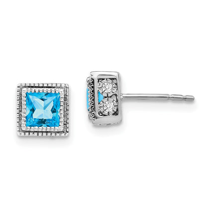 14k White Gold Square Blue Topaz and Real Diamond Earrings